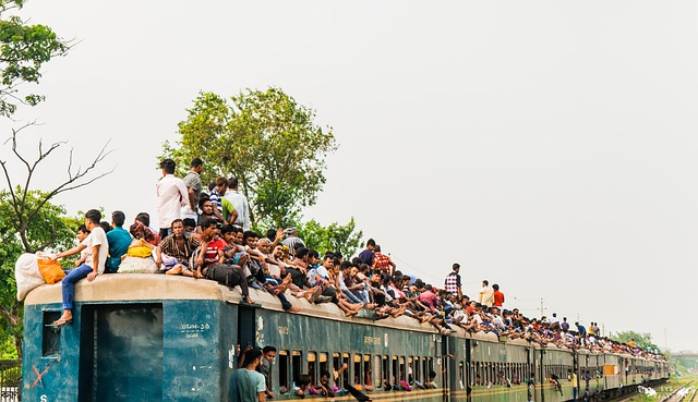  Crowded train paints a picture of social interactions and community.