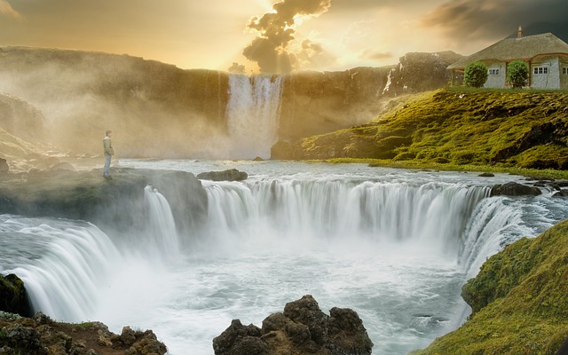 Sea water cascades into a mountain valley